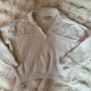 LOFT Women's Off White V-Neck Sweater with Crochet Detail